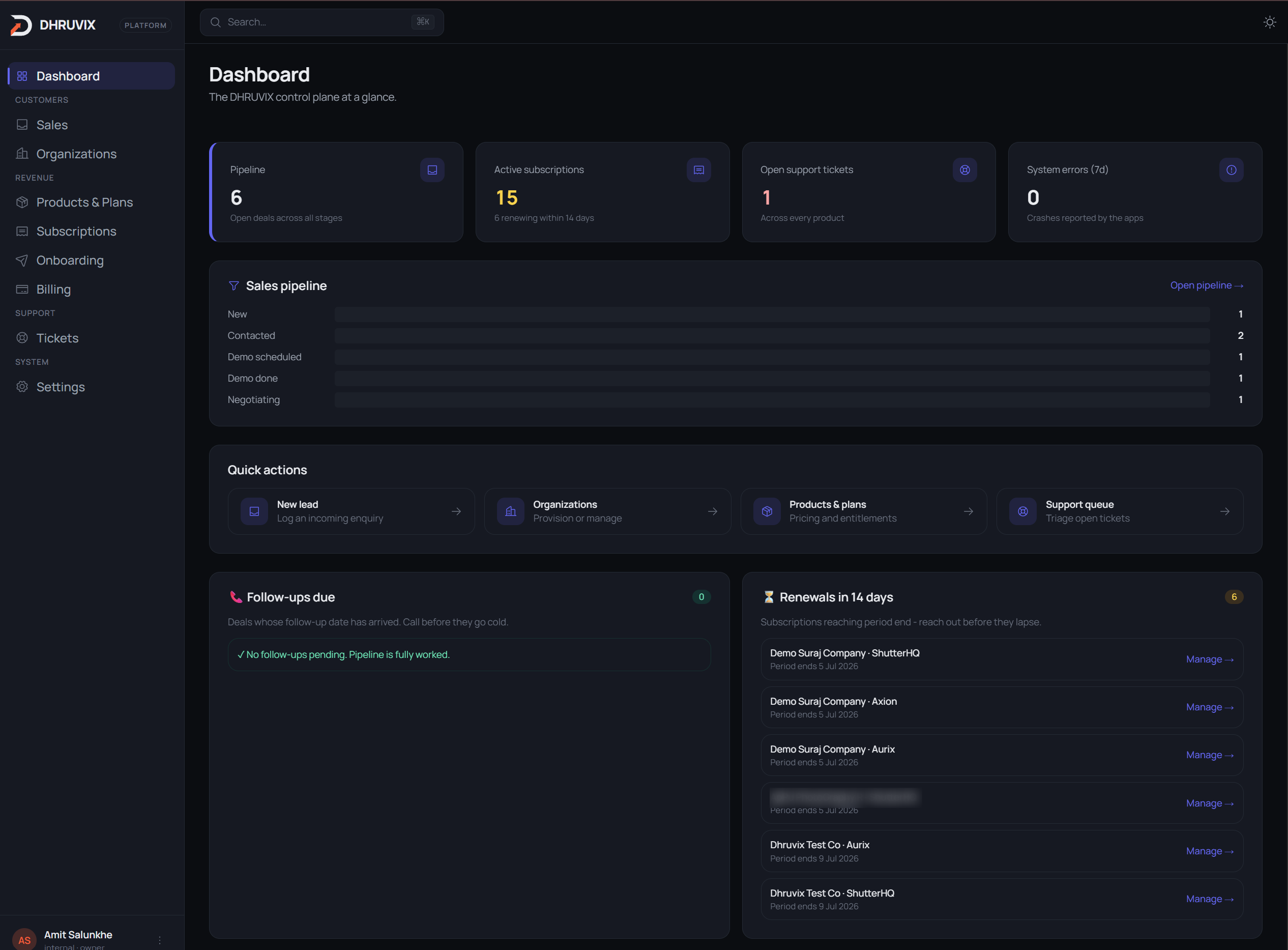 DHRUVIX control plane dashboard